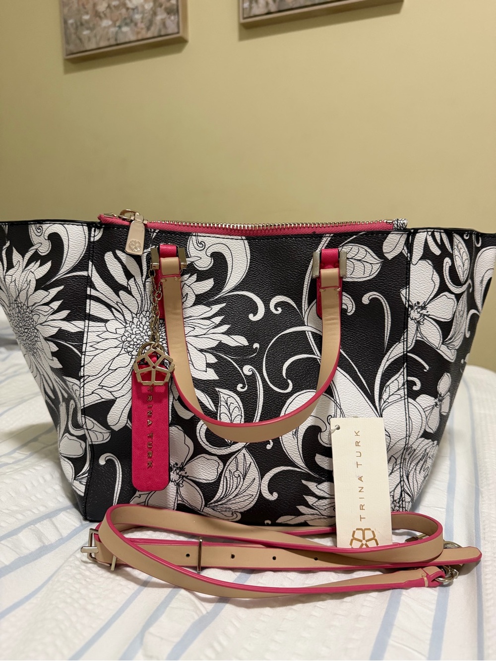 Trina Turk Black & White Floral Tote with Pink Trim and Tan Handles